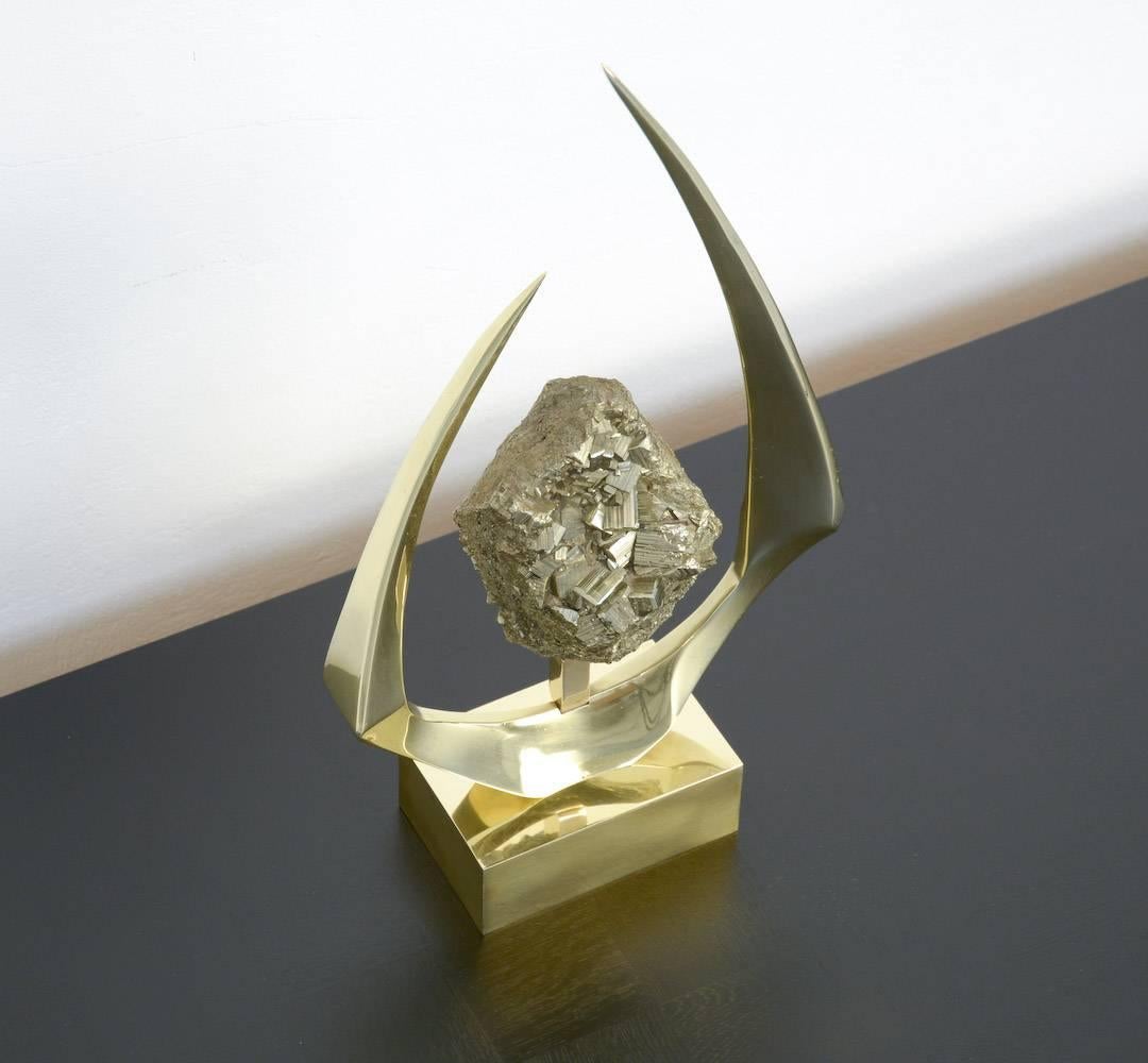 Brass Sculpture with Mineral Pyrite Stone by Willy Daro In Excellent Condition In Vlimmeren, BE