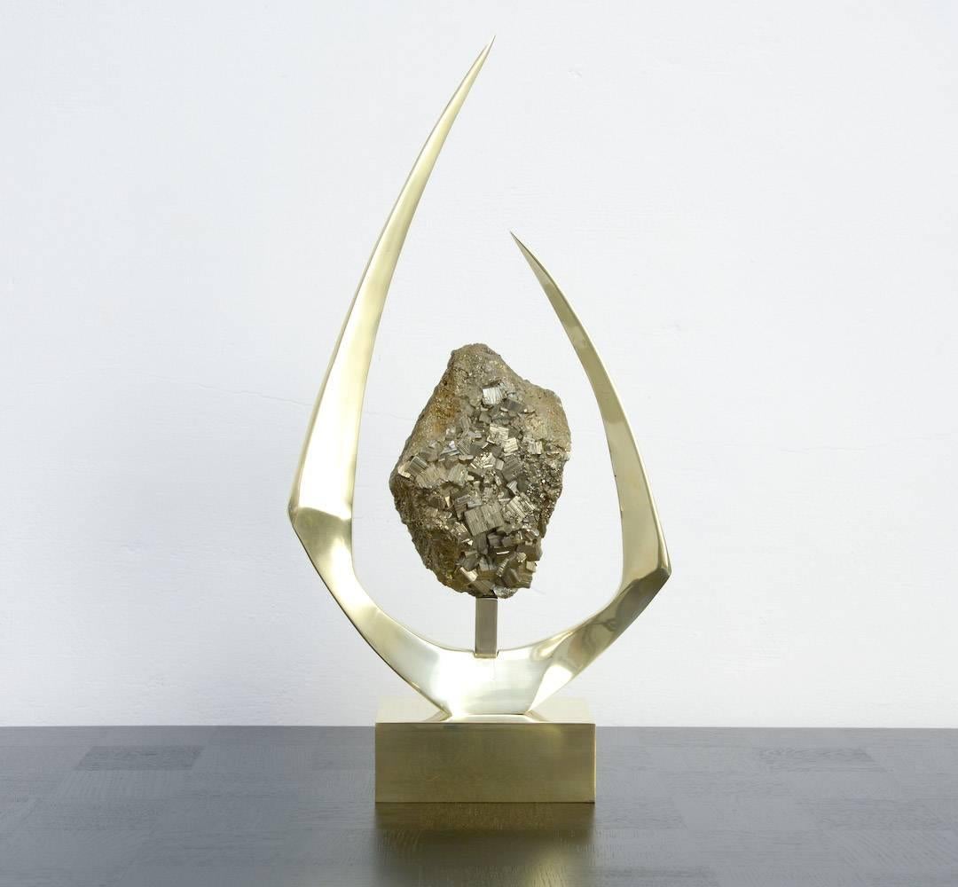Late 20th Century Brass Sculpture with Mineral Pyrite Stone by Willy Daro