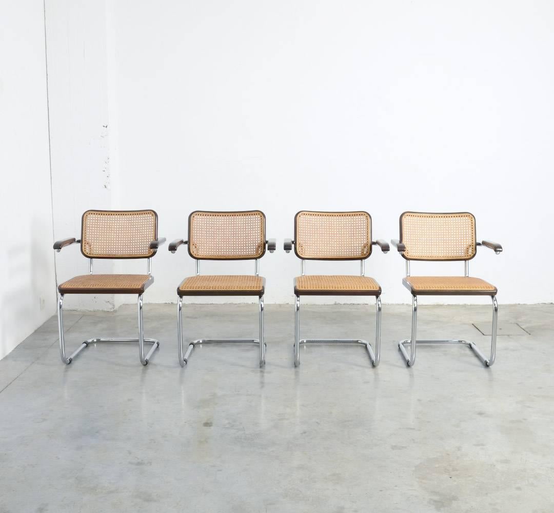 The B64 chair was designed by Marcel Breuer for Thonet in 1927.
These original Thonet chairs are made of chrome-plated tubular steel, dark brown natural bentwood and cane. For this design, Breuer was inspired by the cantilever chair of Mart Stam,