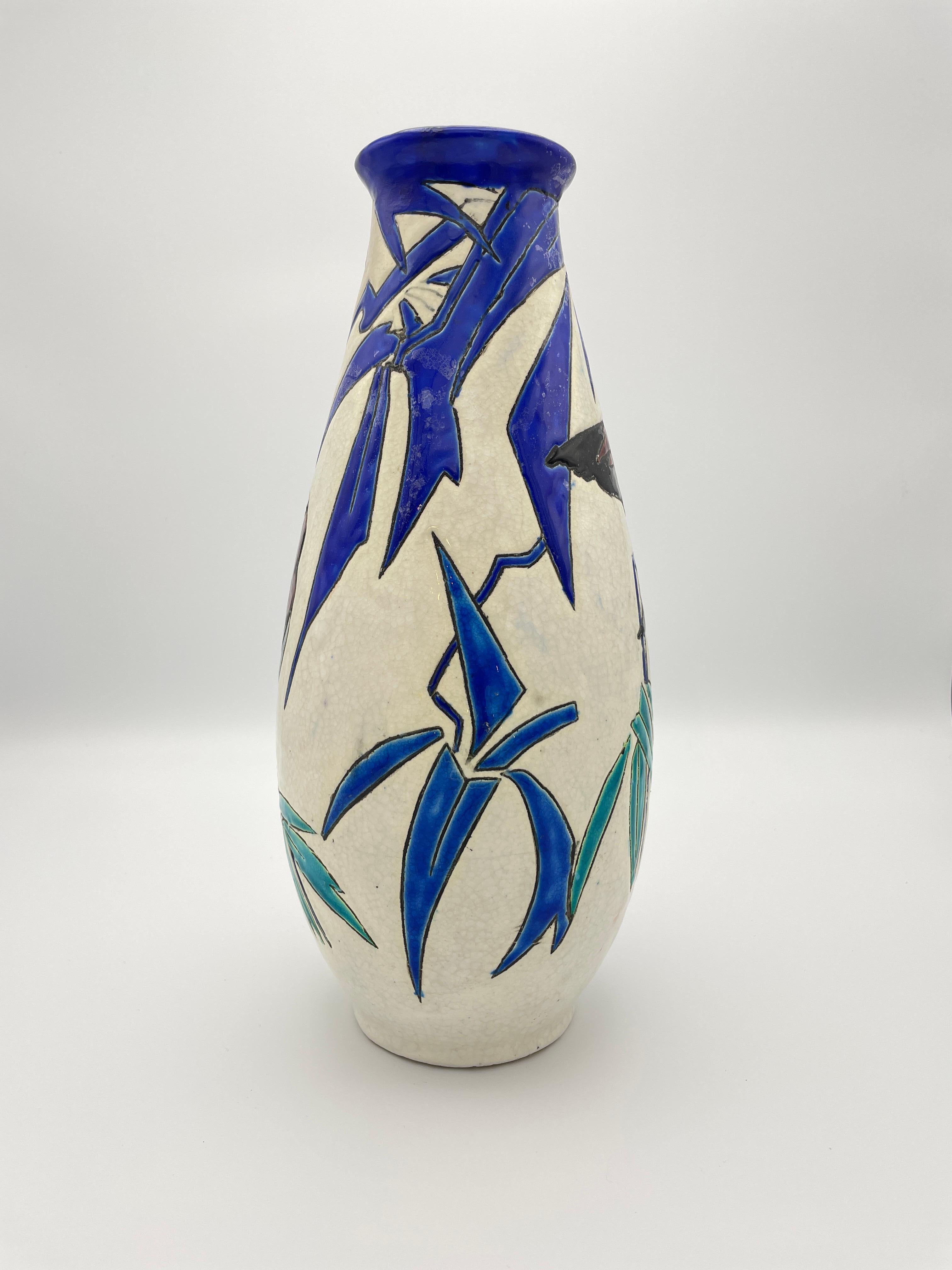 Belgian Art Deco Vase With Three Brown Birds and Blue Branches on White Backdrop For Sale