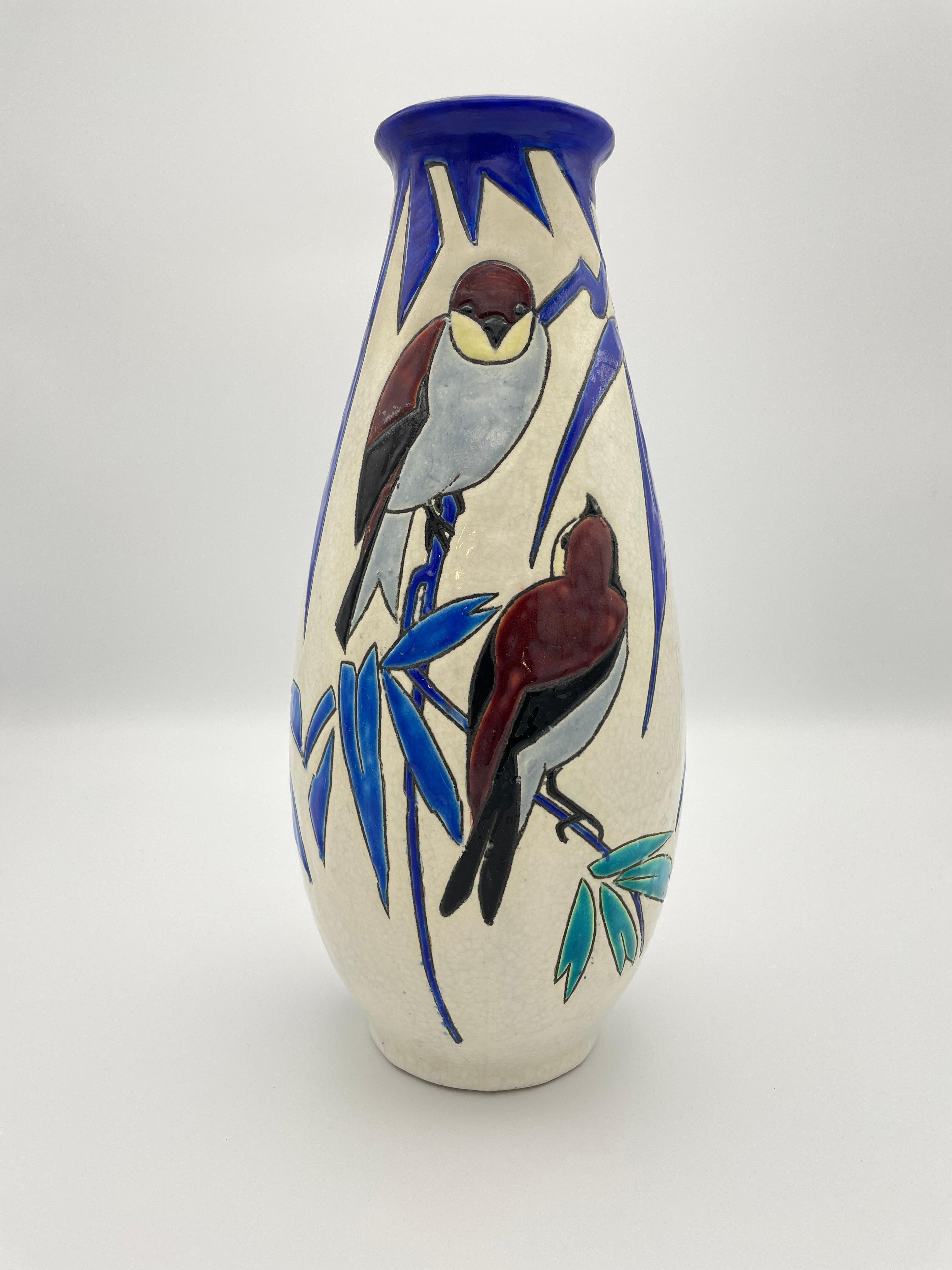 Glazed Art Deco Vase With Three Brown Birds and Blue Branches on White Backdrop For Sale