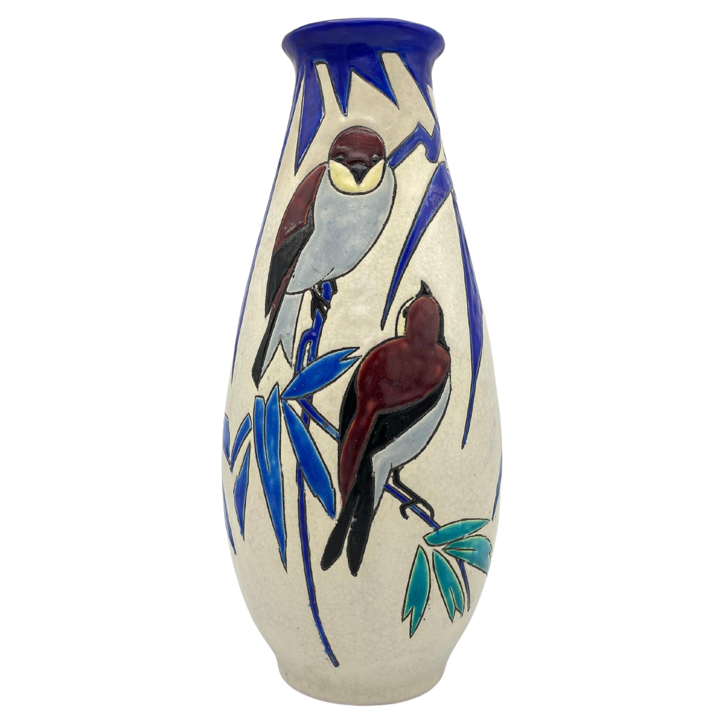 Art Deco Vase With Three Brown Birds and Blue Branches on White Backdrop For Sale