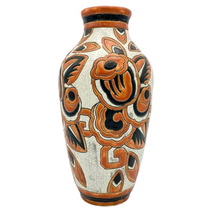 Vase With a Decoration of Polychrome Stylized Flowers on Cracked White Bottom For Sale