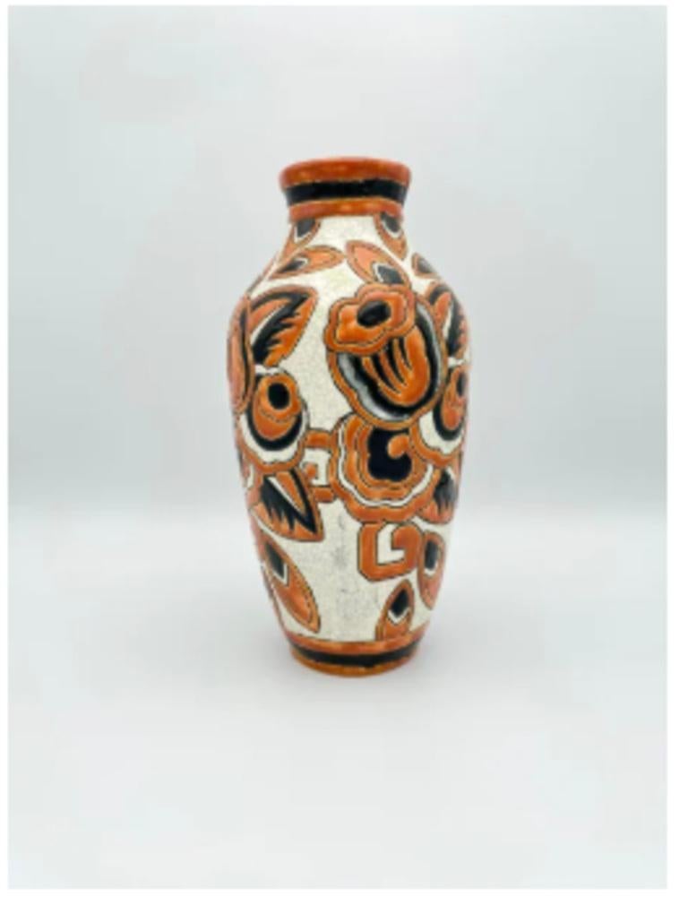 Belgian Vase With a Decoration of Polychrome Stylized Flowers on Cracked White Bottom For Sale