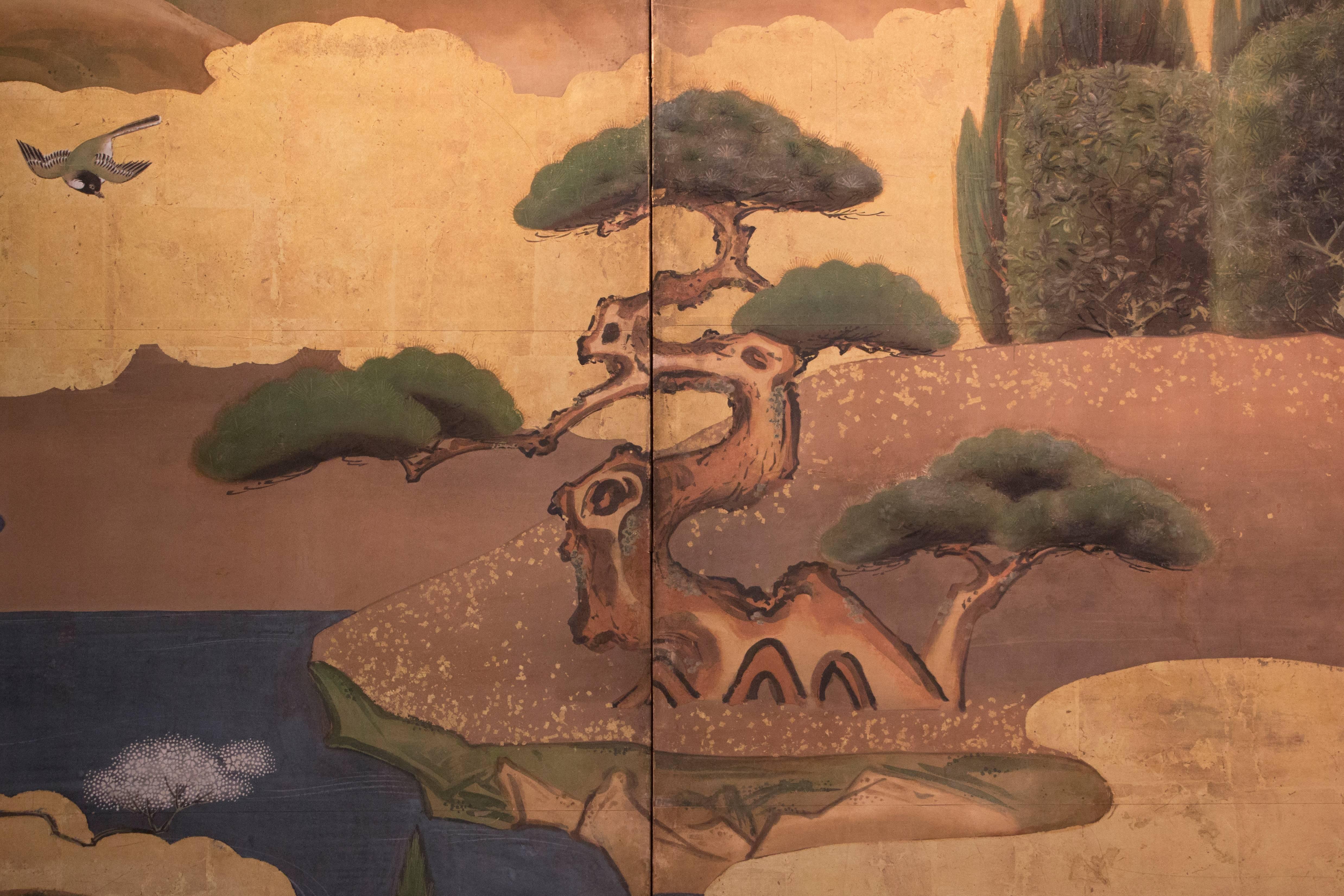19th Century Antique Japanese Six-Panel Landscape Screen Byobu