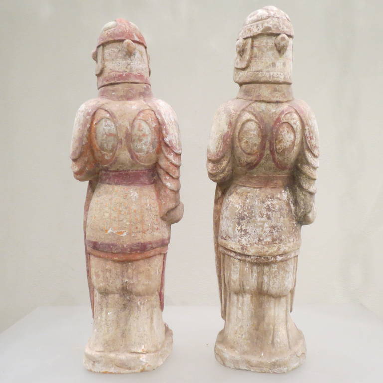 Chinese Pair of Northern Ch'i Dynasty Painted Pottery Warrior Guardians