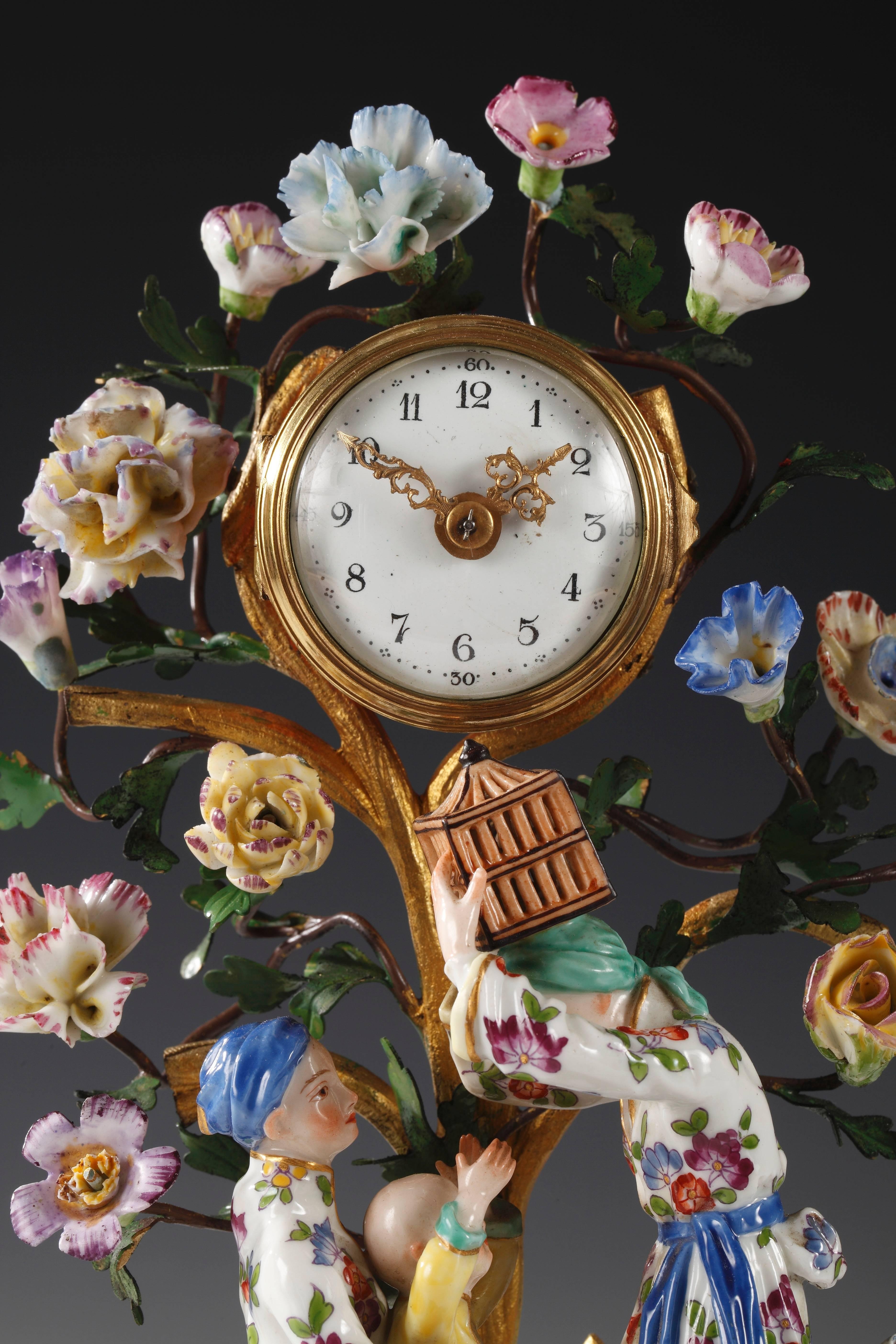 Small gilt bronze and polychrome porcelain clock figuring Chinese characters. Porcelain flowers embellish the overall. Issuing from scrolling foliage base.