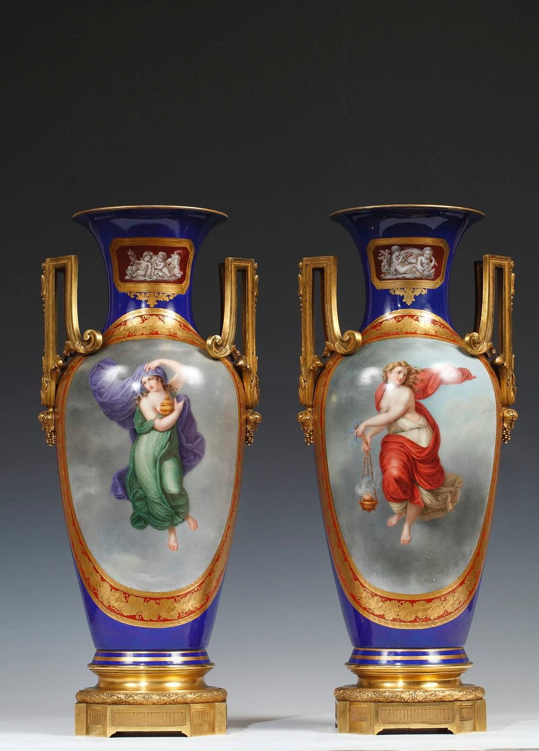 Painted Pair of Ormolu Porcelain Vases by the Royal Porcelain Manufacture of Berlin For Sale