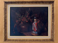 Azelio Paolini, 1962, huile sur toile, « Personnage asiatique avec des branches fleuries »
