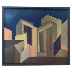 Unsigned Mid-Century Modern Geometric Abstract Painting on Canvas