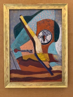 Tableau moderniste abstrait représentant une nature morte, signé, sur panneau, récemment encadré