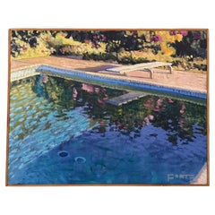 Tableau vintage représentant une piscine en Californie du Sud, signé « Forte »