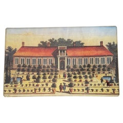 Plateau en verre au découpage contemporain représentant une scène classique de jardin et d'orangerie