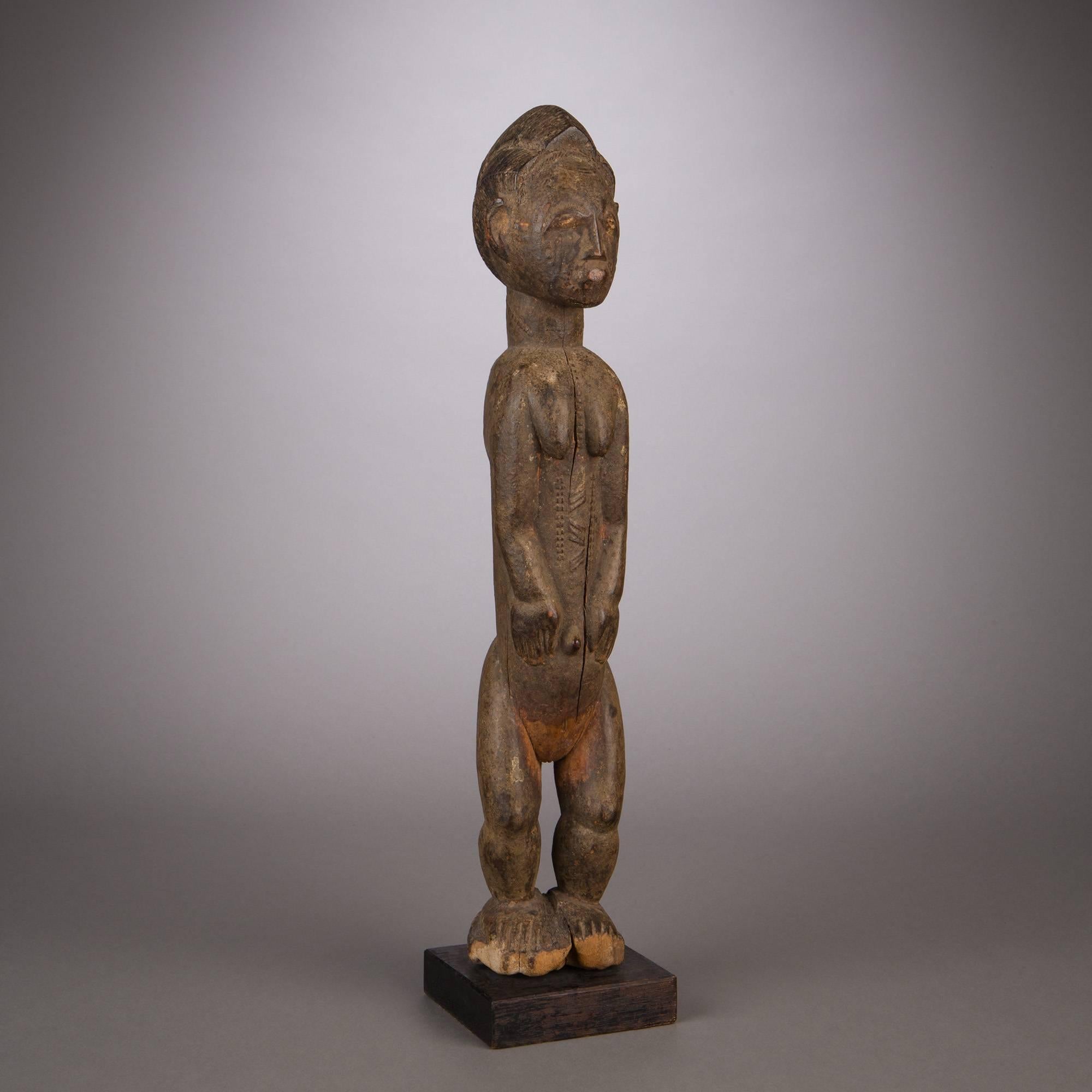 Divinatory figures among the Baule were used as dwellings of asye usu, or bush spirits, incorporeal consciousness’s from outside the village bounds brought into communication with the diviner. Such figures were designed as ideal male or female
