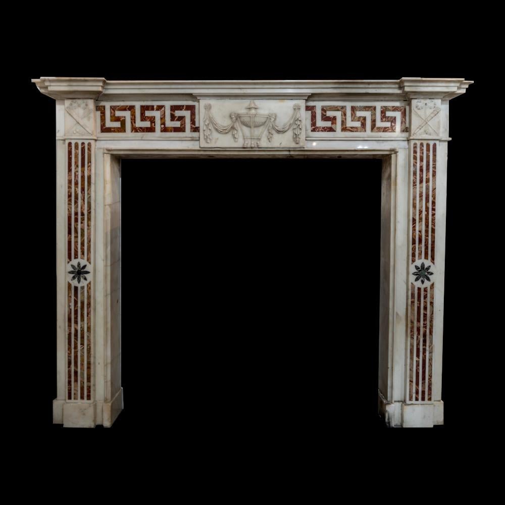 British Antique 18th C English Statuario Marble Mantel With Jasper Inlaid Marble For Sale