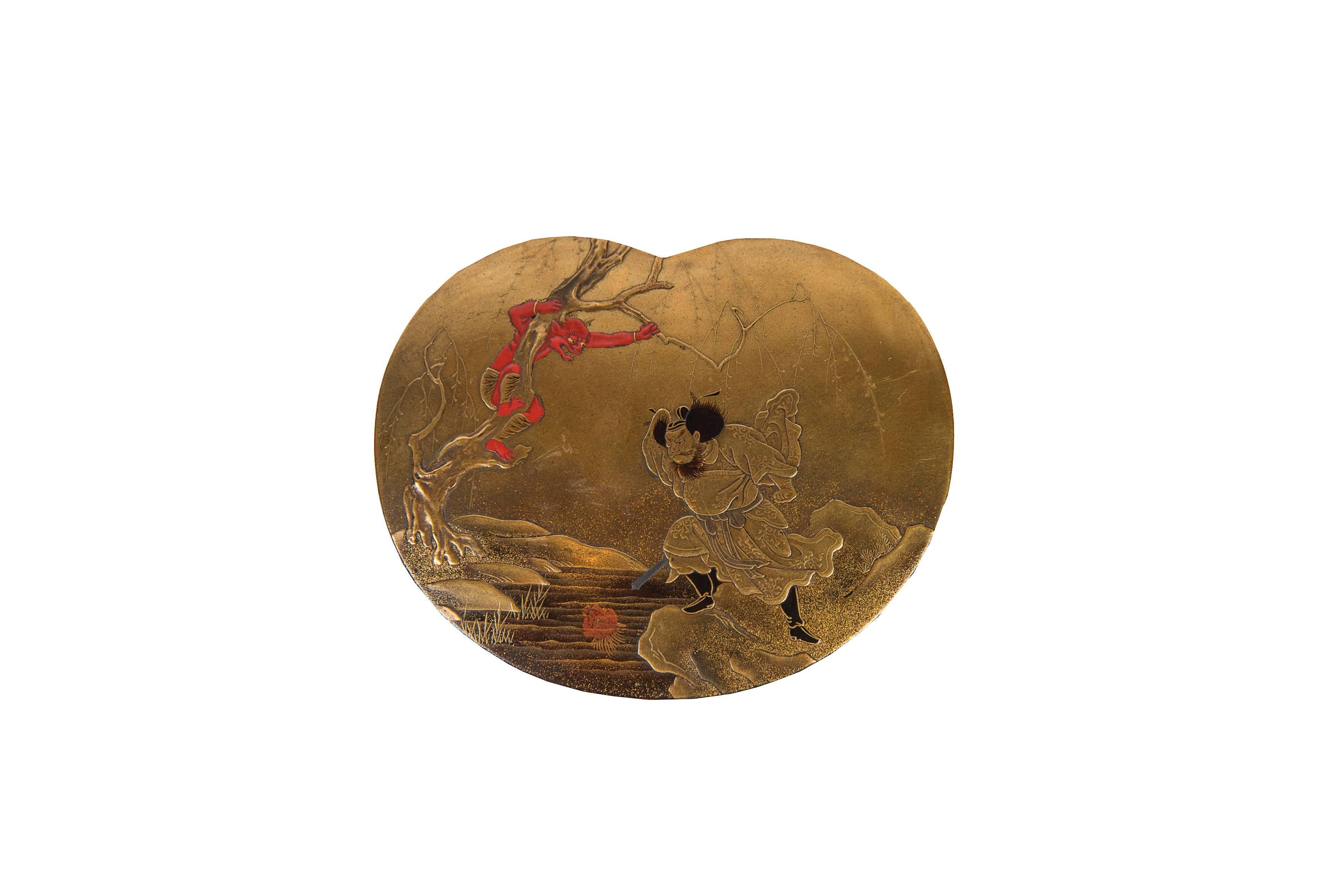 Lacquered Edo Japanese Lacquer Kobako Box Shoki and Oni For Sale