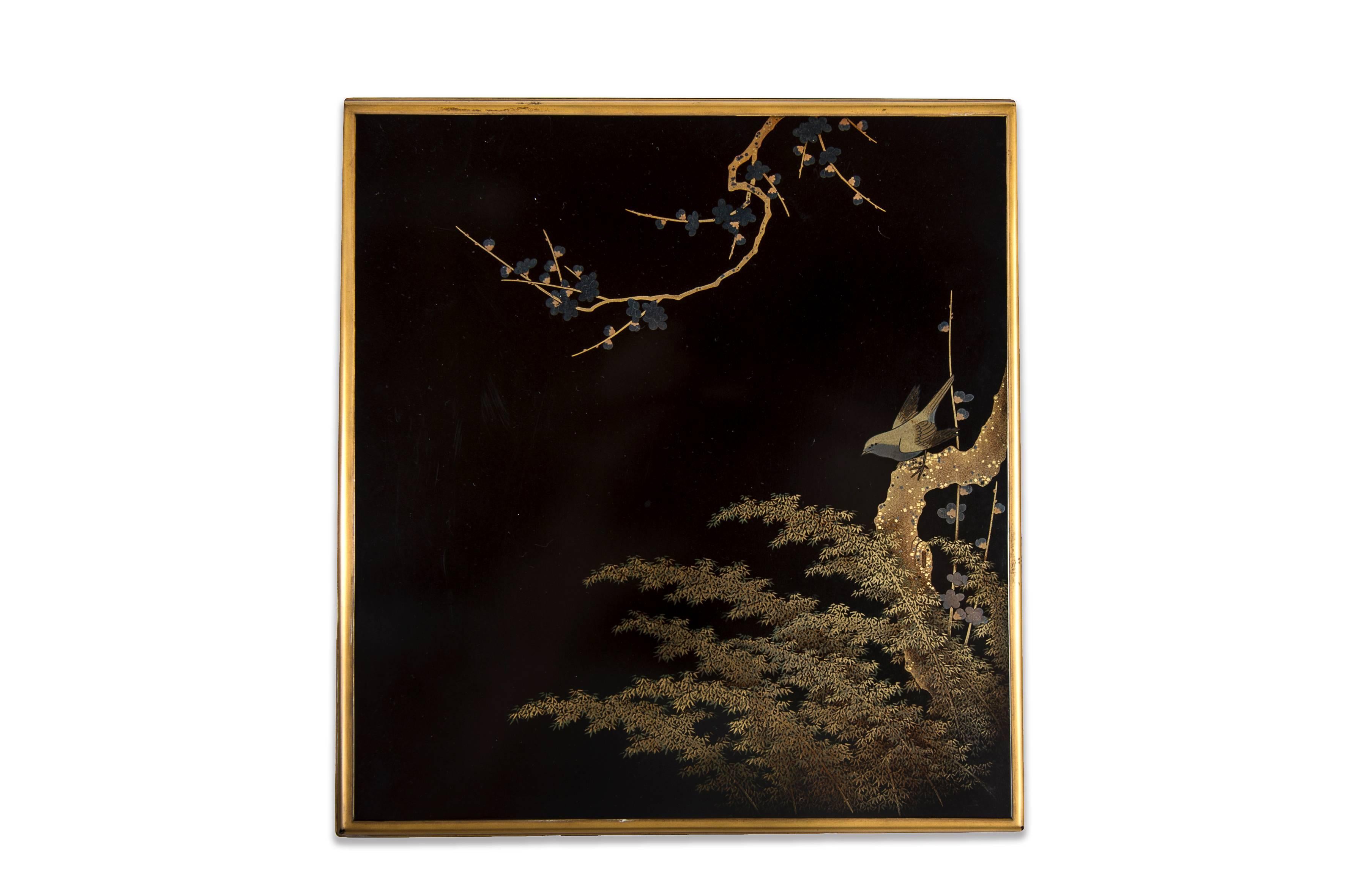 Late 19th Century 19th Meiji Japanese Lacquered Suzuribako with Bush Warbler, Writing Box