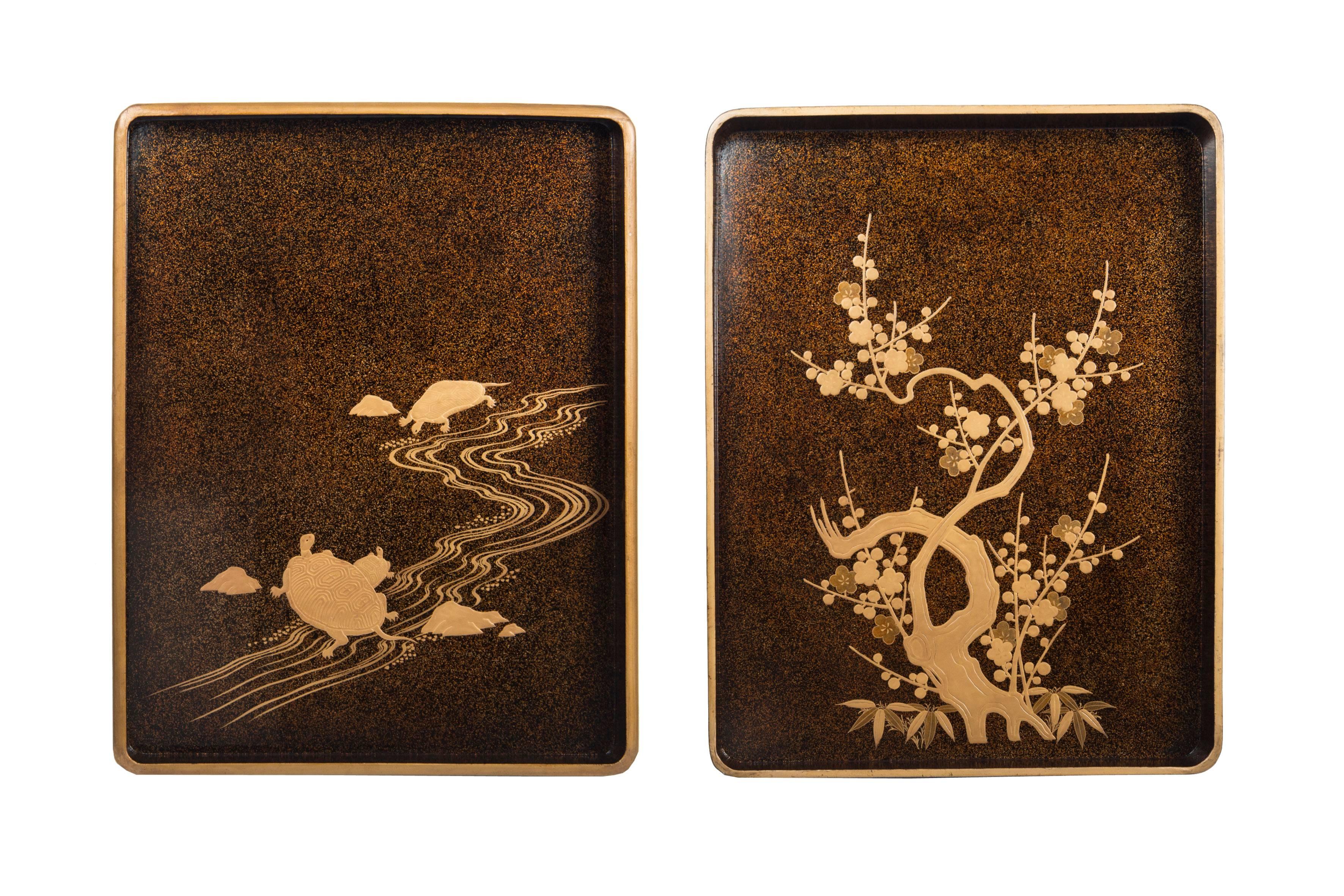 Lacquered Meiji Japanese Lacquer Suzuribako and Ryoshibako Pines and Cranes For Sale