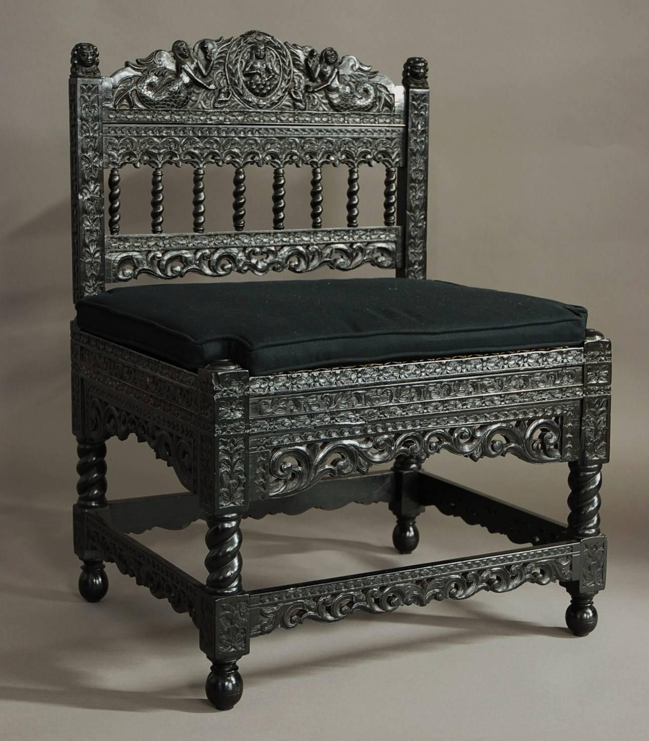 Indian Superb Quality Late 17th Century Solid Ebony Low Chair