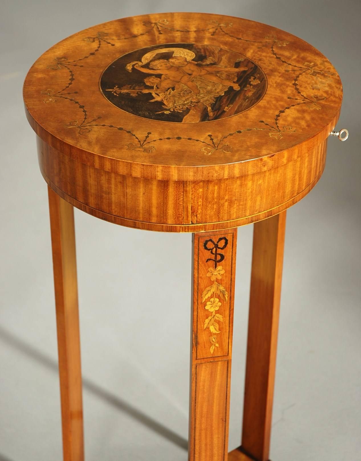 Swedish Continental Satinwood and Marquetry Work Table For Sale