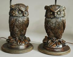 Superb pair of finely carved Black Forest owl table lamps