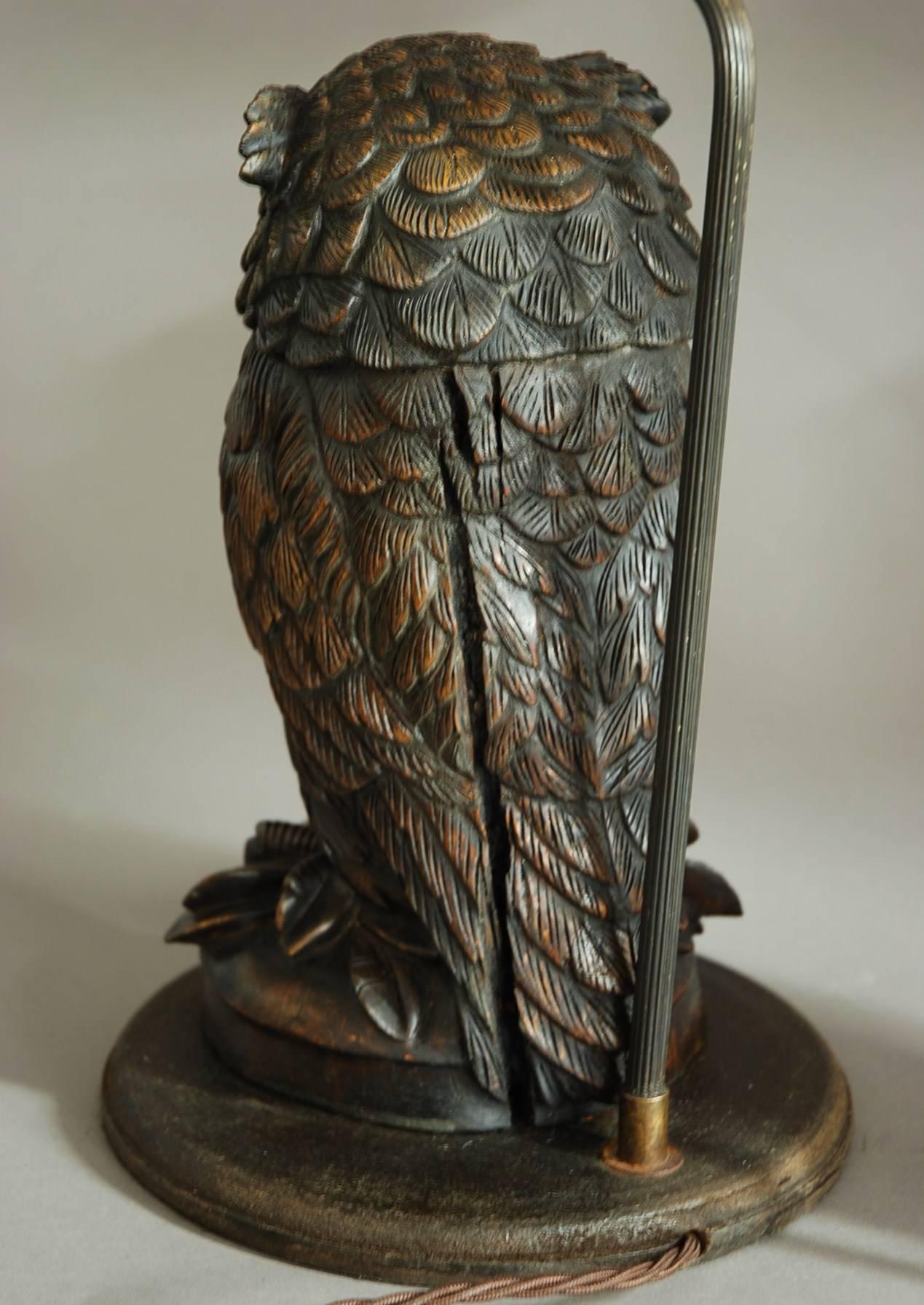 Superb pair of finely carved Black Forest owl table lamps 1