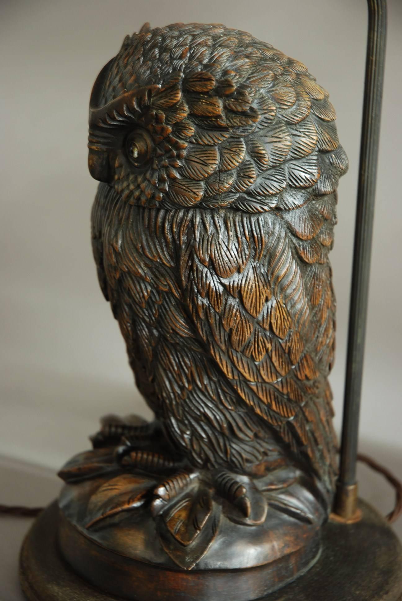 Superb pair of finely carved Black Forest owl table lamps 2