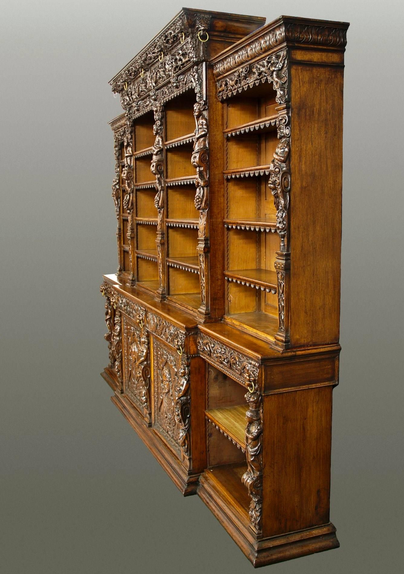 Renaissance Exceptional Mid-19th Century Oak Breakfront Antiquarian Open Bookcase