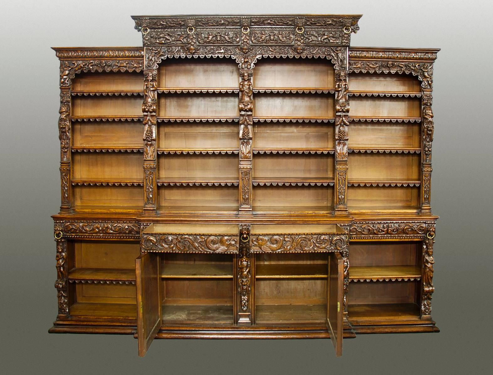 English Exceptional Mid-19th Century Oak Breakfront Antiquarian Open Bookcase