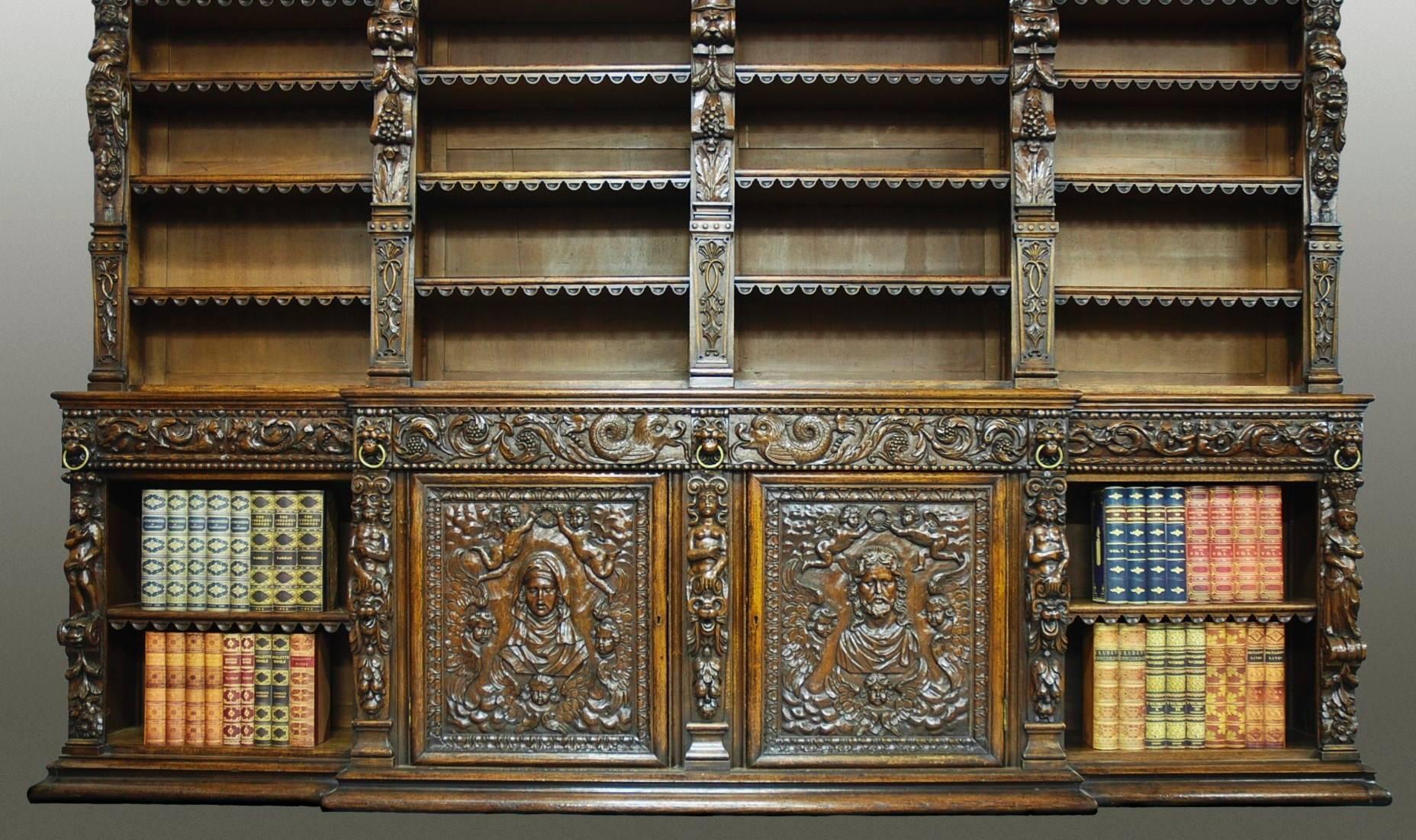 Exceptional Mid-19th Century Oak Breakfront Antiquarian Open Bookcase 2