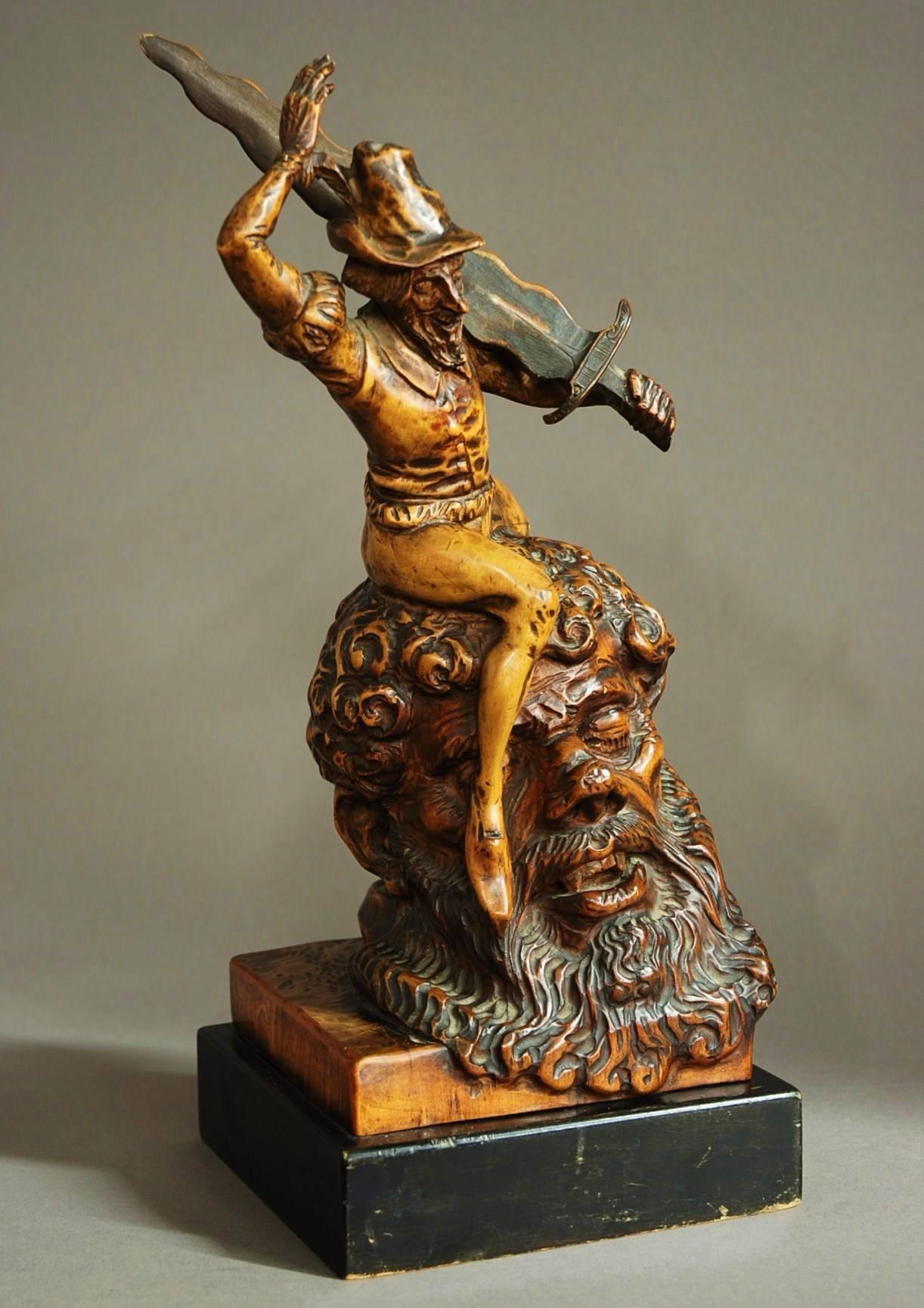 Late 18th-Early 19th Century Fruitwood Carving of a Giant Slayer 1