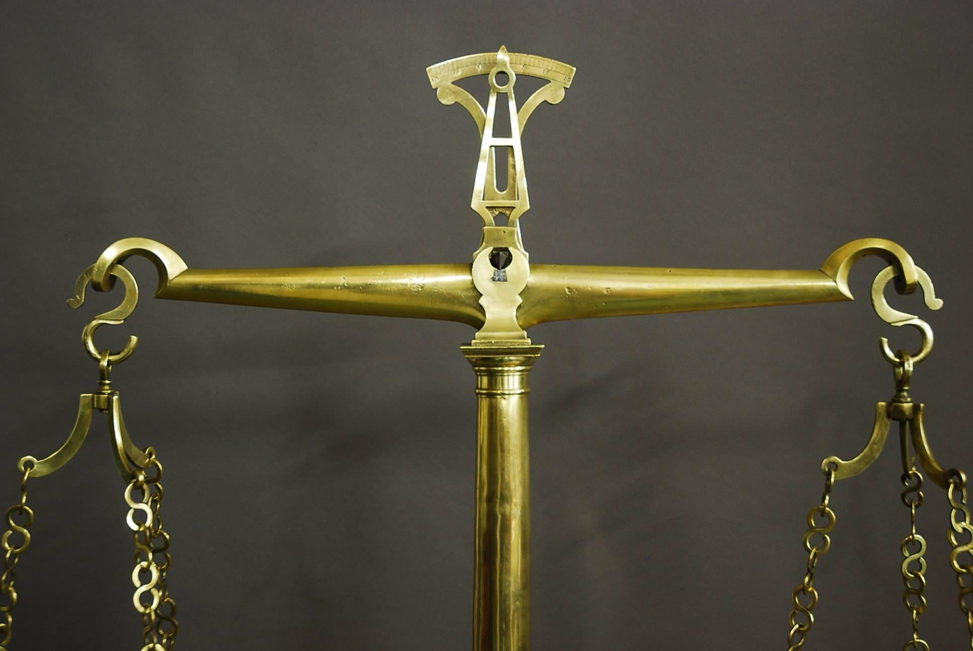 Large Pair of 19th Century Brass Apothecary Balance Scales In Excellent Condition In Suffolk, GB