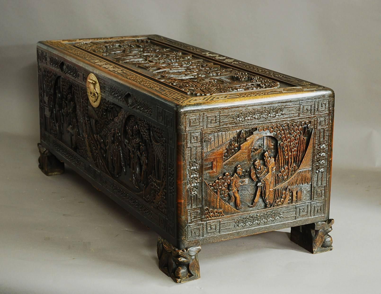 Large Superbly Carved Chinese Camphor Wood Chest 1