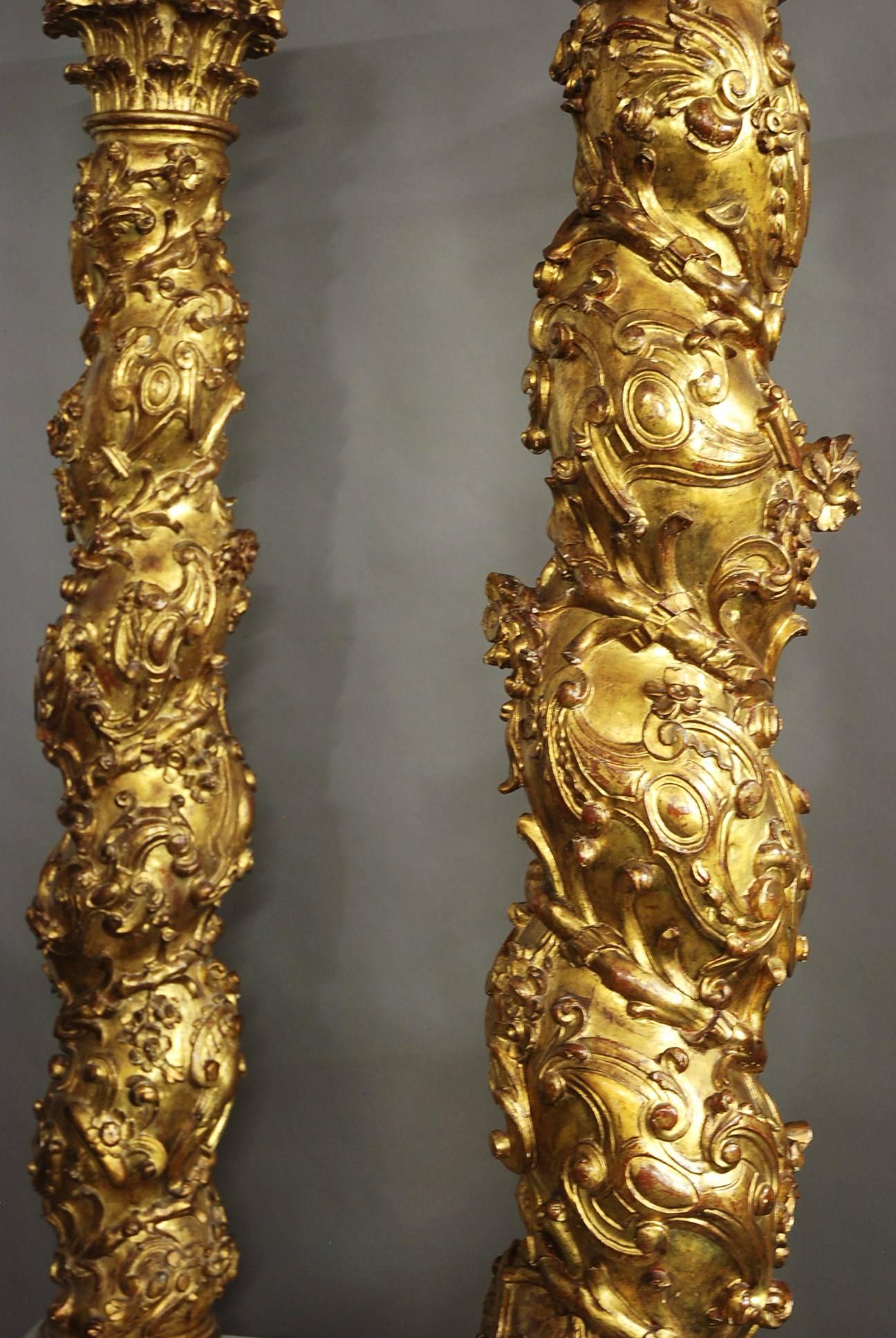 Large Pair of Late 18th Century Baroque Style Solomonic Carved Giltwood Columns 2