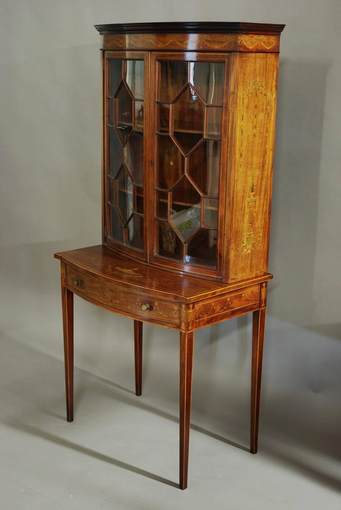 English Edwardian Inlaid Mahogany Bow Front Glazed Display Cabinet