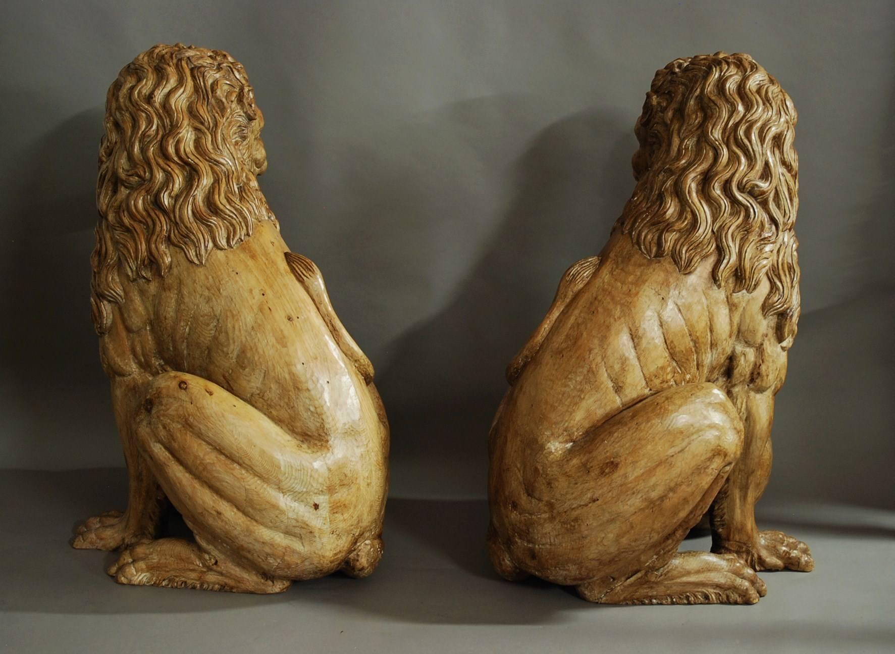Pair of life size Highly Decorative 19thc Italian Carved Pine Medici Lions For Sale 5