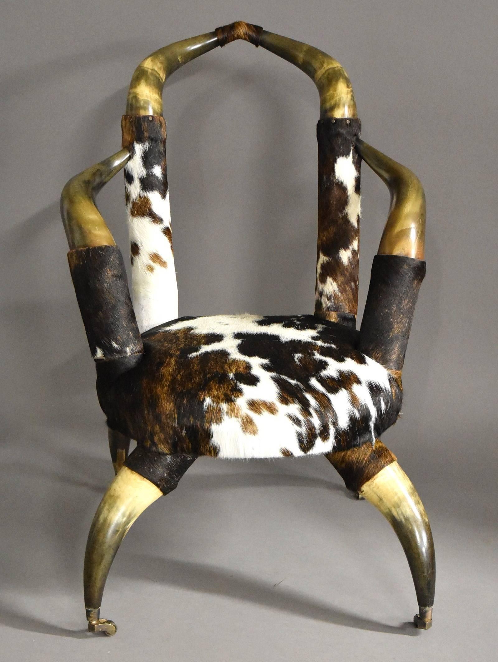 Austrian Rare Late 19th Century Decorative Bull Horn Armchair, Re-Upholstered in Cow Hide