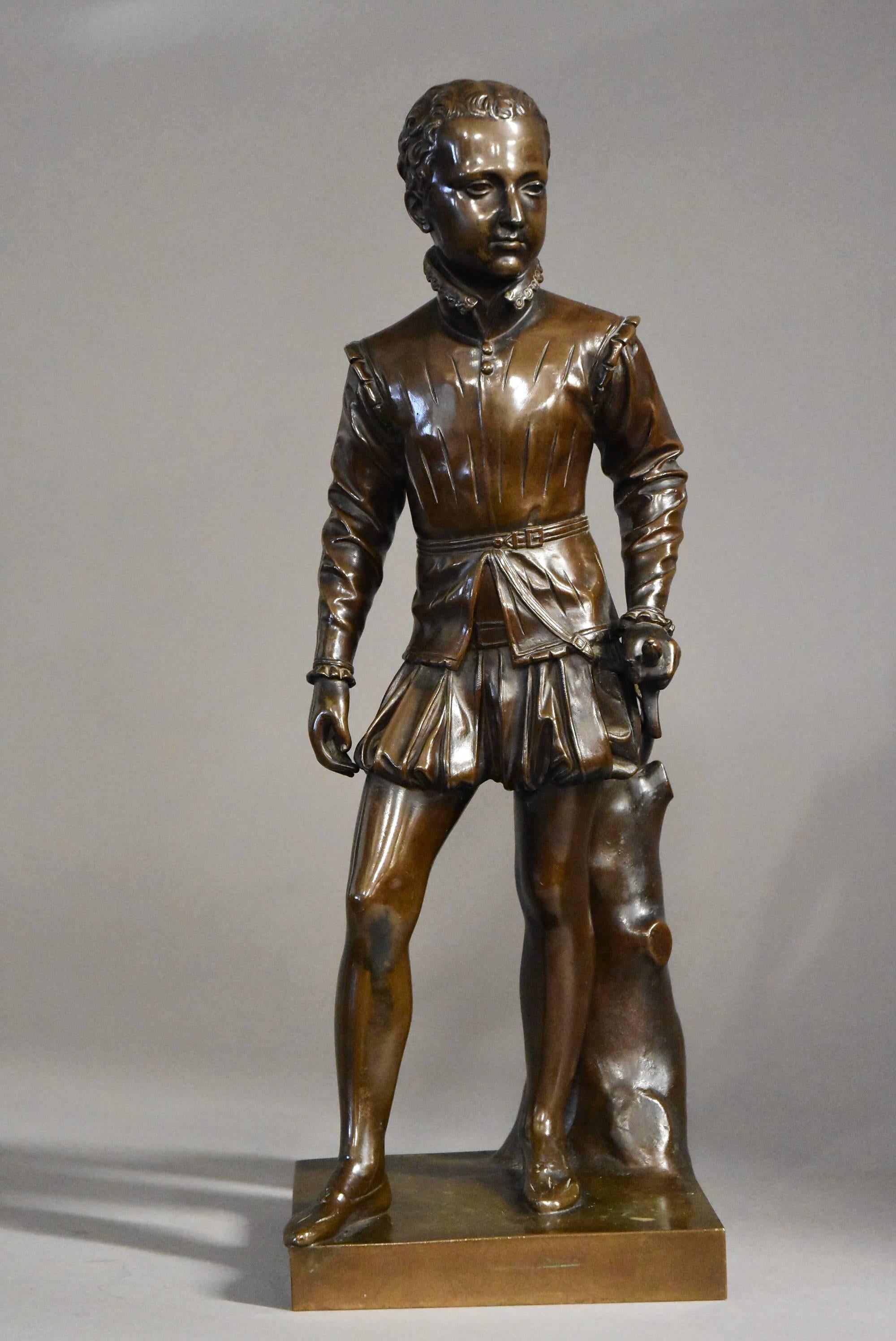 A 19th century French bronze of Henry IV of France as a young man of fine quality after Francois J Bosio (1768-1845). 

The figure of young Henry is depicted in traditional dress holding his sword in his left hand and leaning against a tree