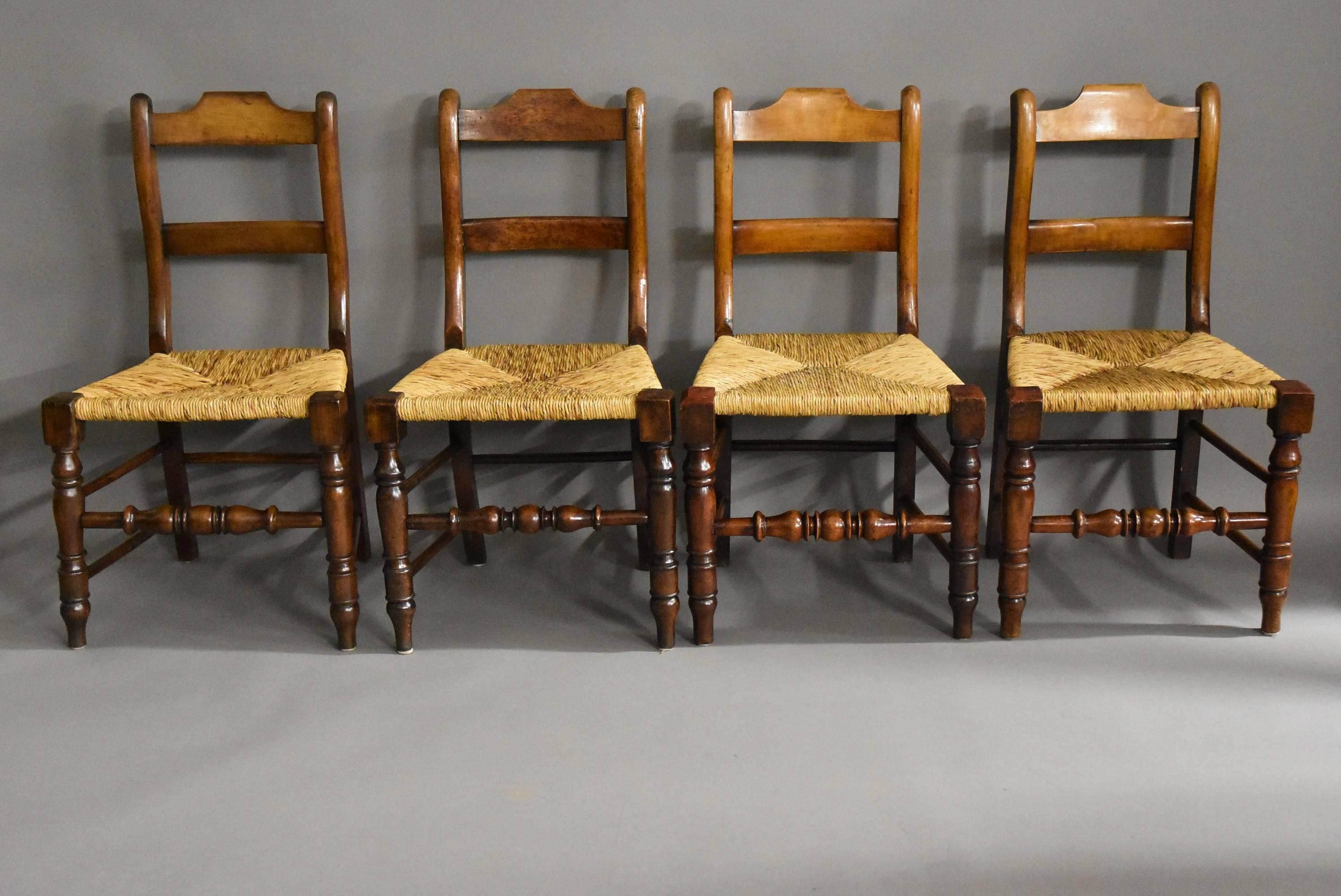 Rush Mid-Late 19th Century Set of Eight Alder Dining Chairs of Good Patina