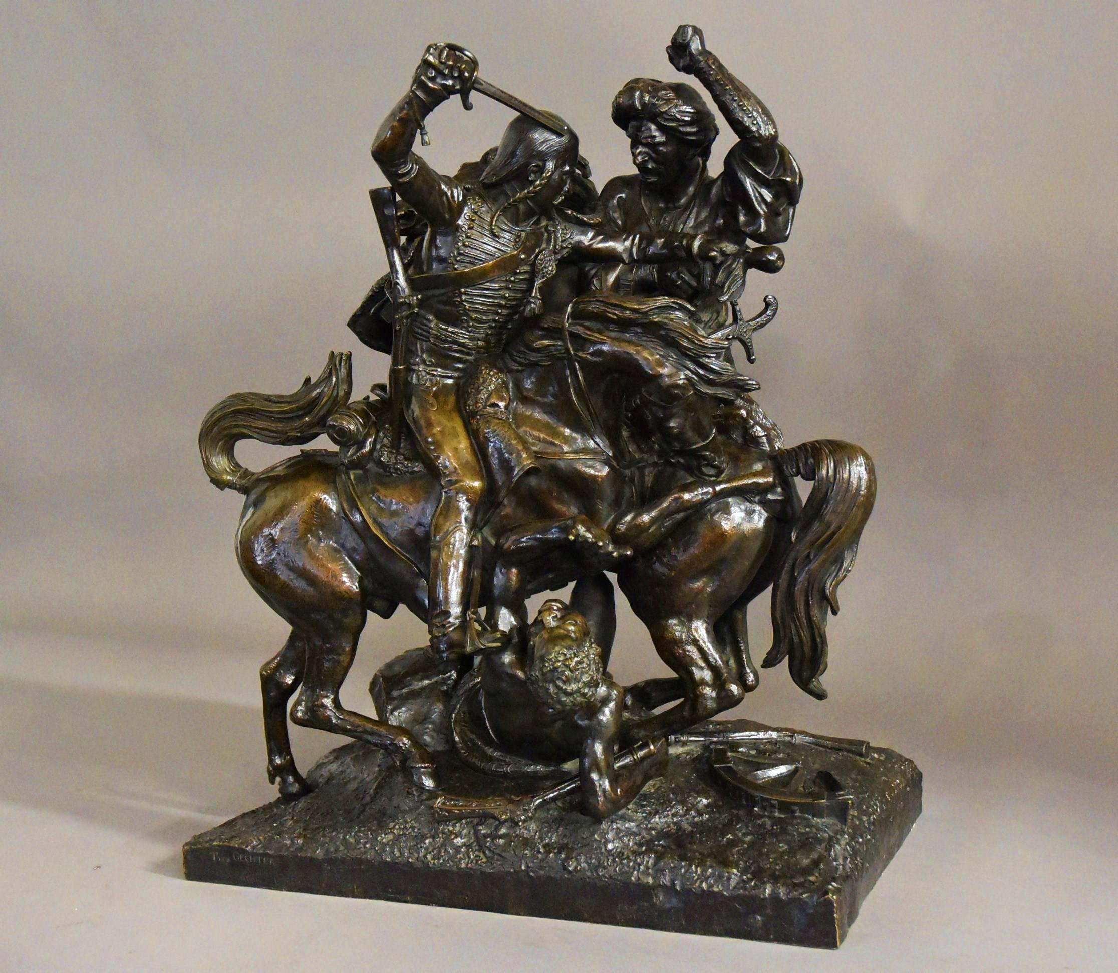 A large fine quality patinated bronze sculpture titled 'Aboukir' by Jean Francois Theodore Gechter (1796-1844).

The subject of the bronze is the battle of Aboukir, Egypt which took place in 1799, it consists of two figures mounted on horseback