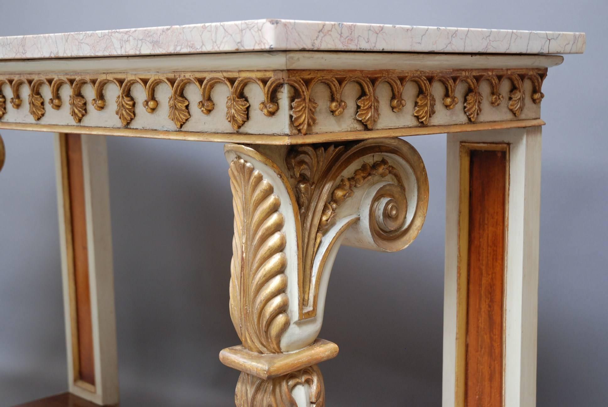 Marble English Regency Gilt and Painted Burr Maple Console Table For Sale