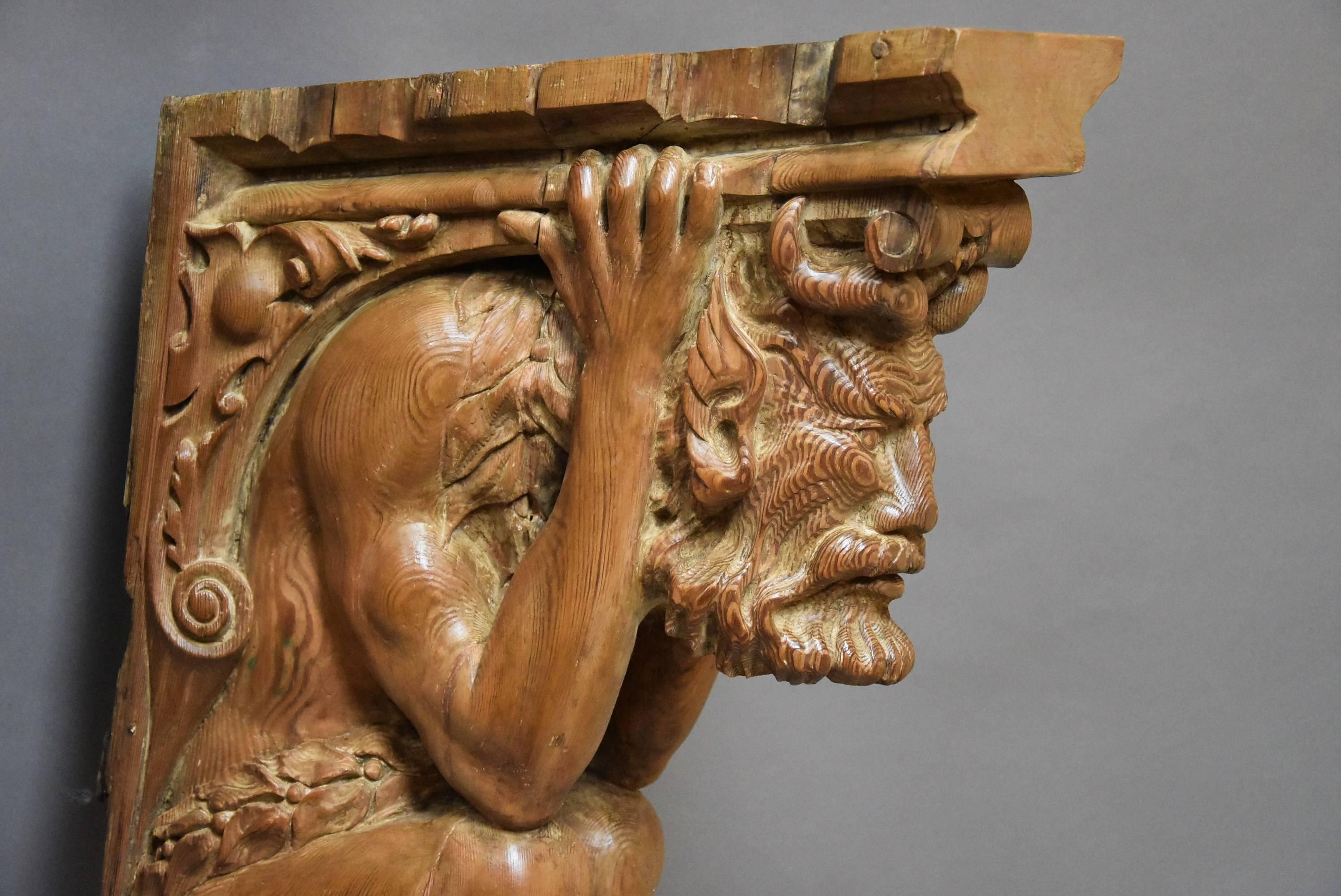European Large Superbly Carved Continental Large Pine Bracket in the Form of a Satyr