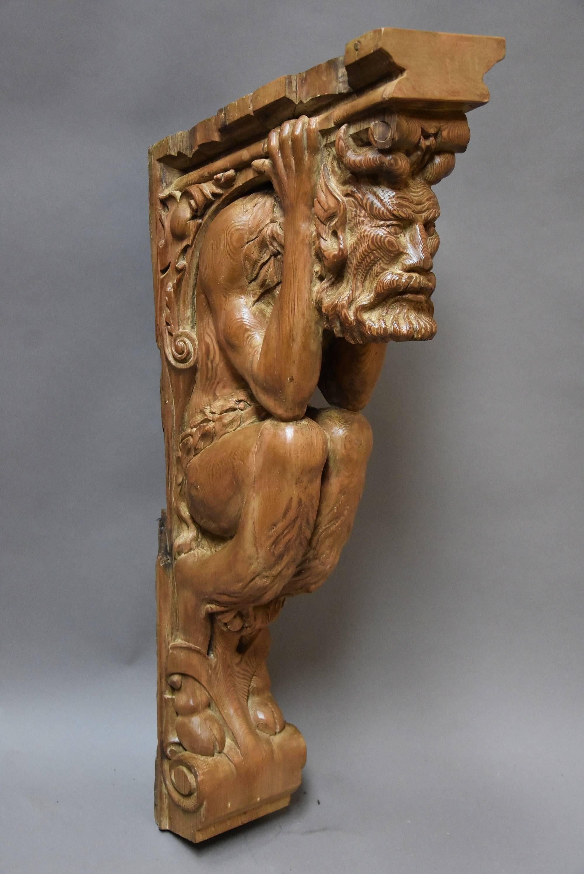 Mid-19th Century Large Superbly Carved Continental Large Pine Bracket in the Form of a Satyr