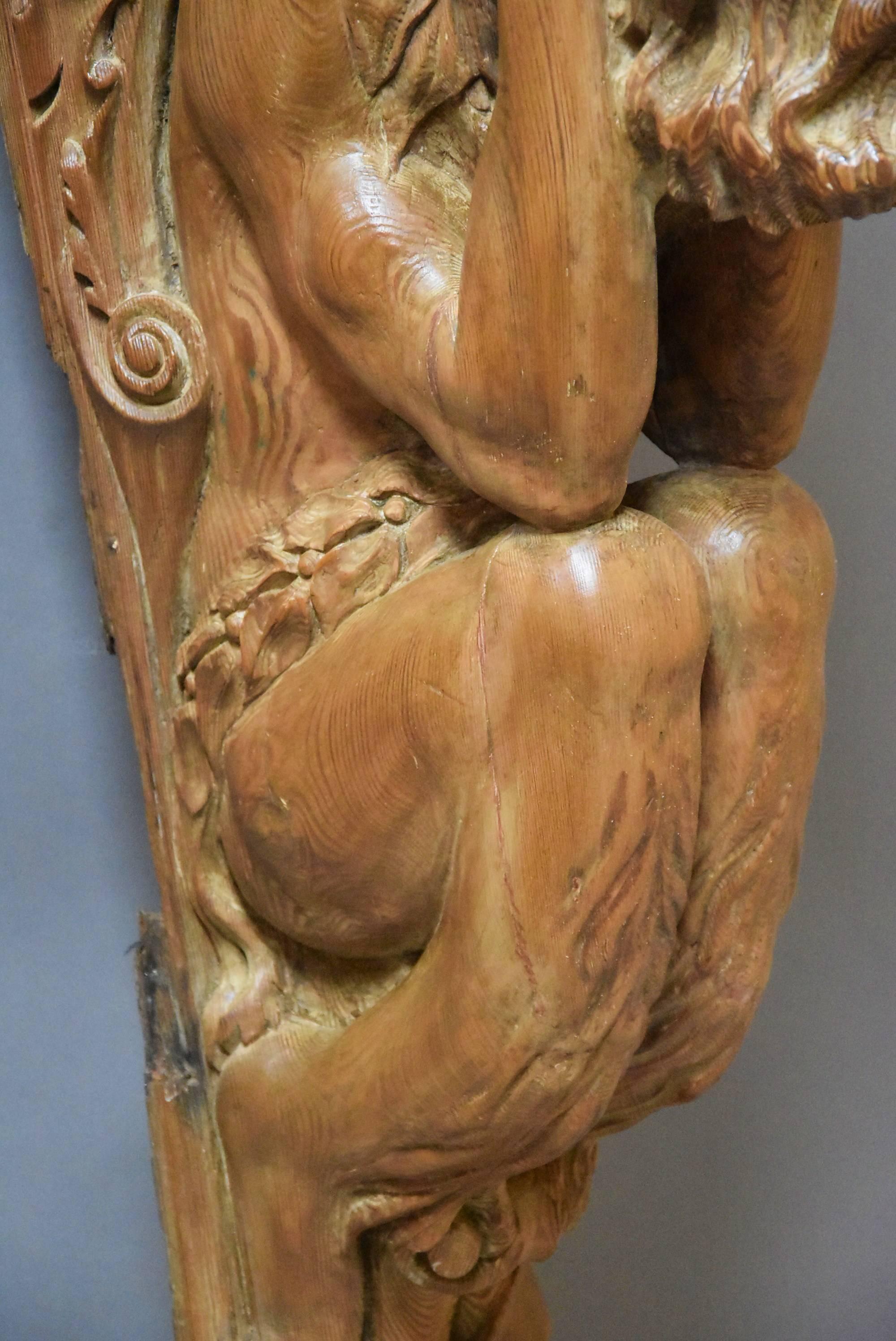 Large Superbly Carved Continental Large Pine Bracket in the Form of a Satyr 2