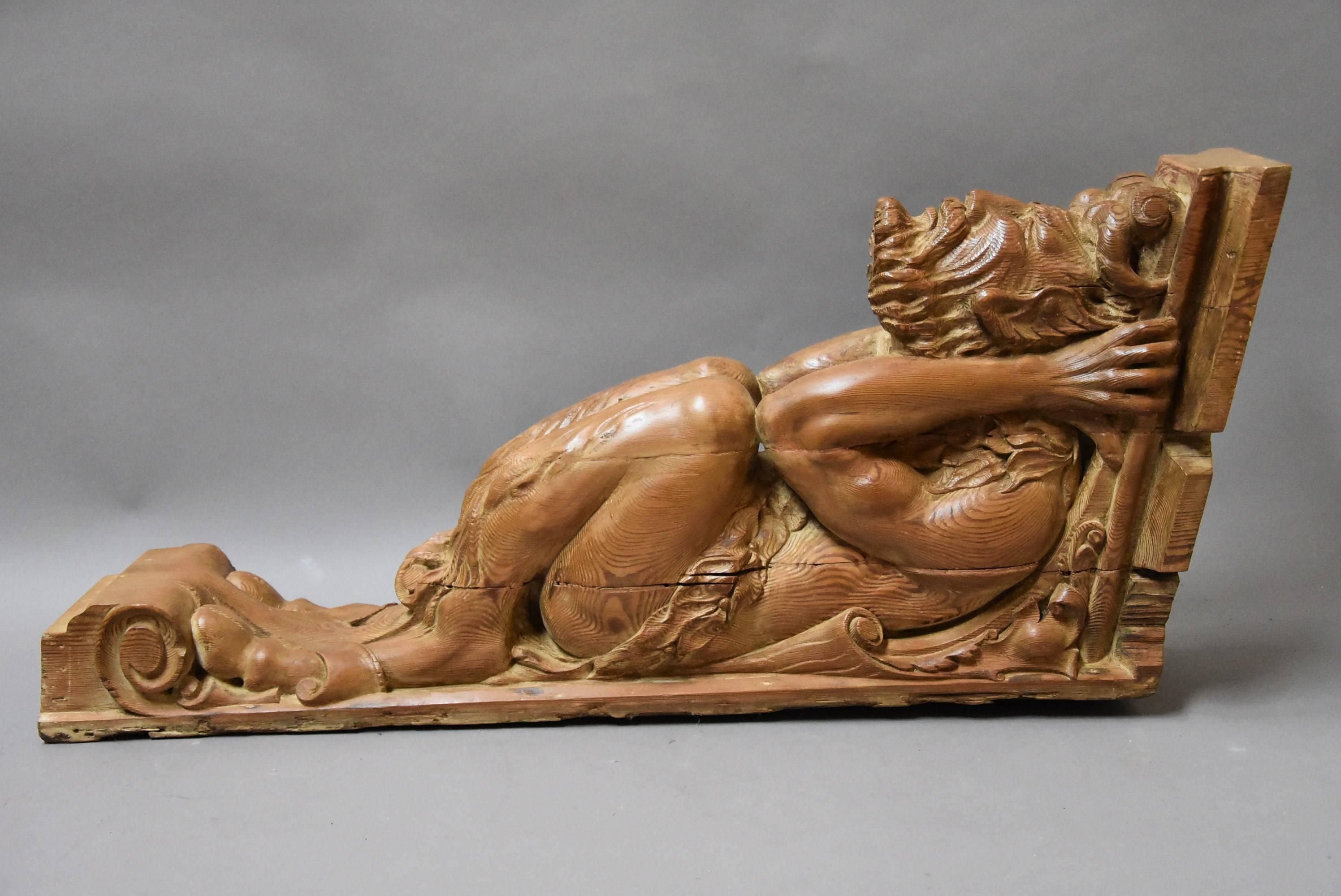 Large Superbly Carved Continental Large Pine Bracket in the Form of a Satyr 3