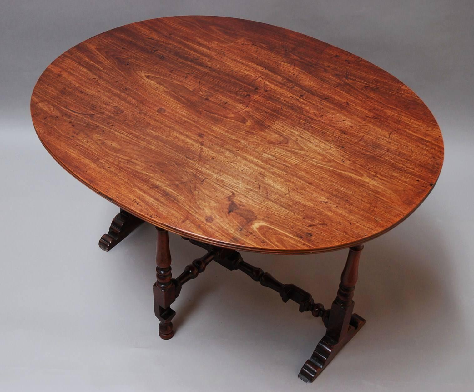 A rare late 17th century yew wood coaching table with later mahogany top of exceptional patina (colour).

This table consists of a late 17th century yew wood base of turned and trestle form of superb patina, one leg having been replaced with
