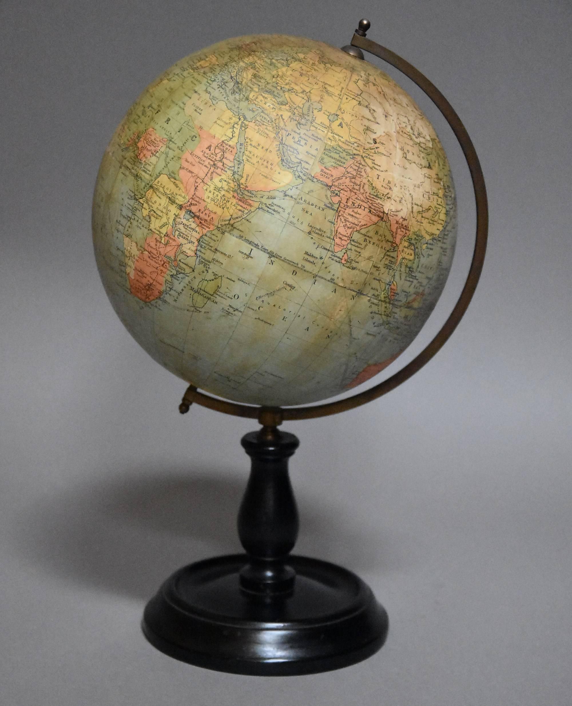 English Early 20th Century Philips British Empire Terrestrial Table Globe