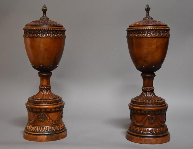 Pair of Early 20th Century Decorative Wooden Urns with Lids at 1stDibs