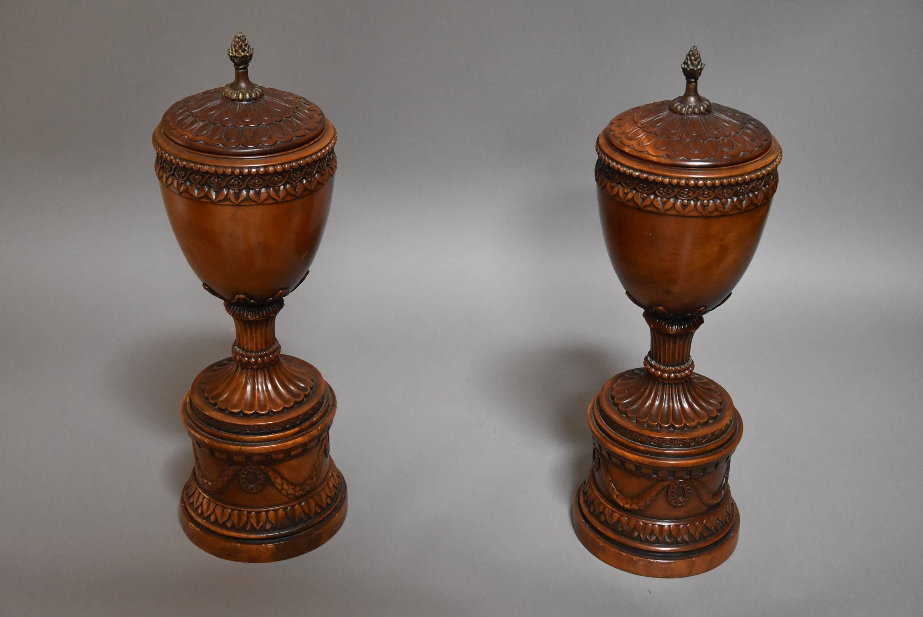 English Pair of Early 20th Century Decorative Wooden Urns with Lids