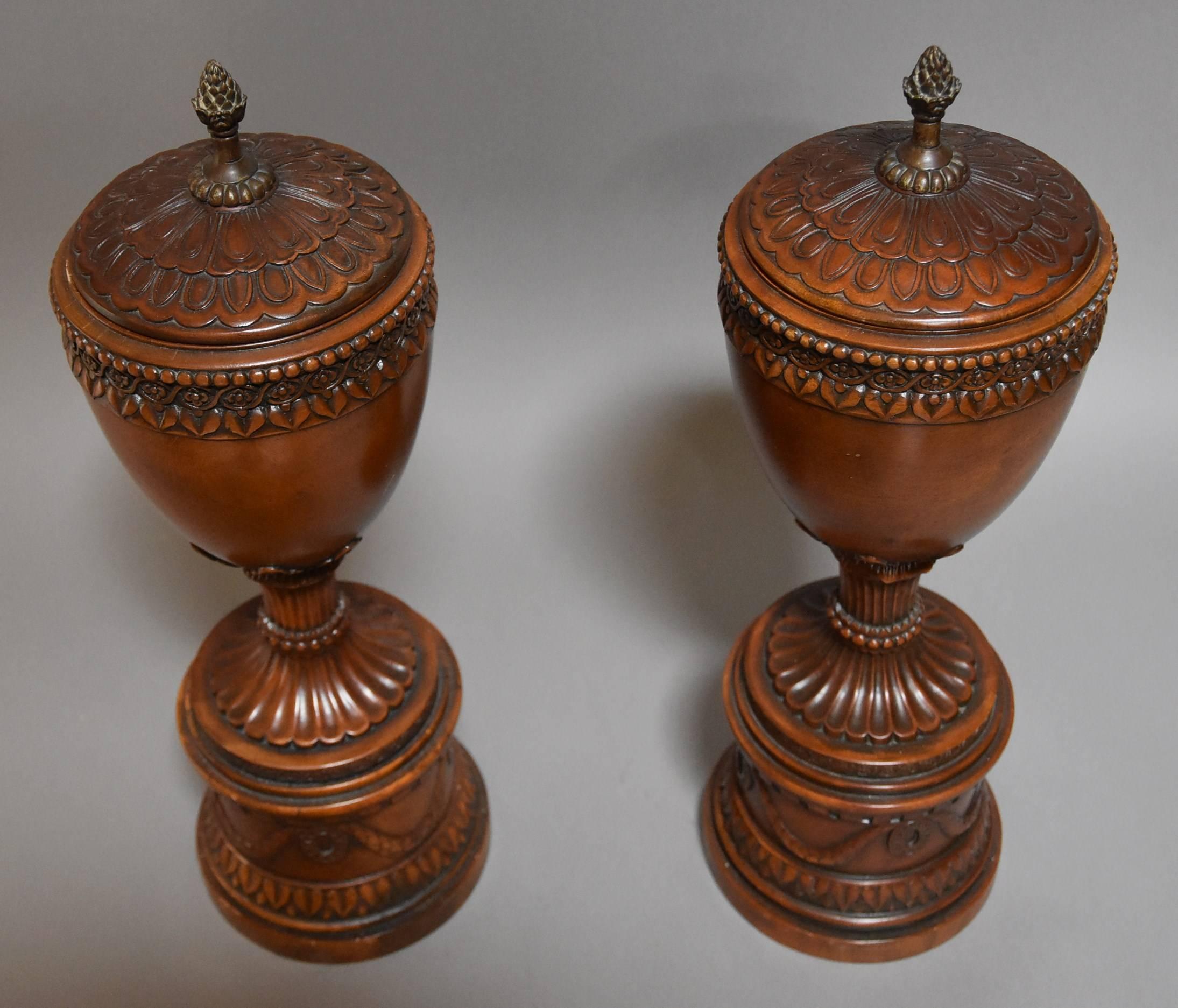 Pair of Early 20th Century Decorative Wooden Urns with Lids In Good Condition In Suffolk, GB